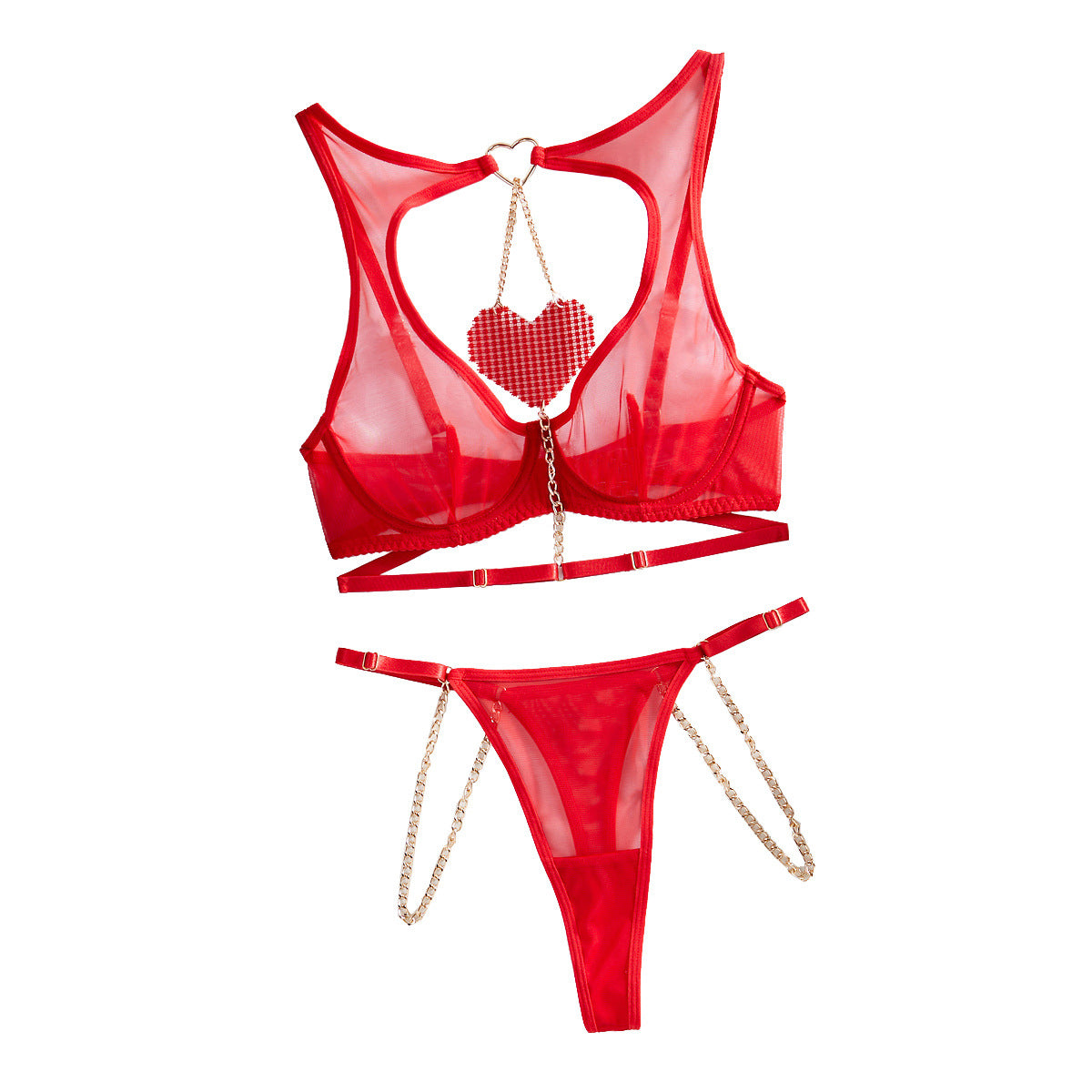Conjunto de lencería sexy de dos piezas con cadena de amor roja, malla transparente cómoda y divertida
