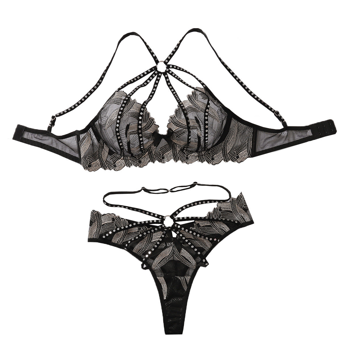 Conjunto de lencería sexy de encaje con bordado y efecto push-up para mujer