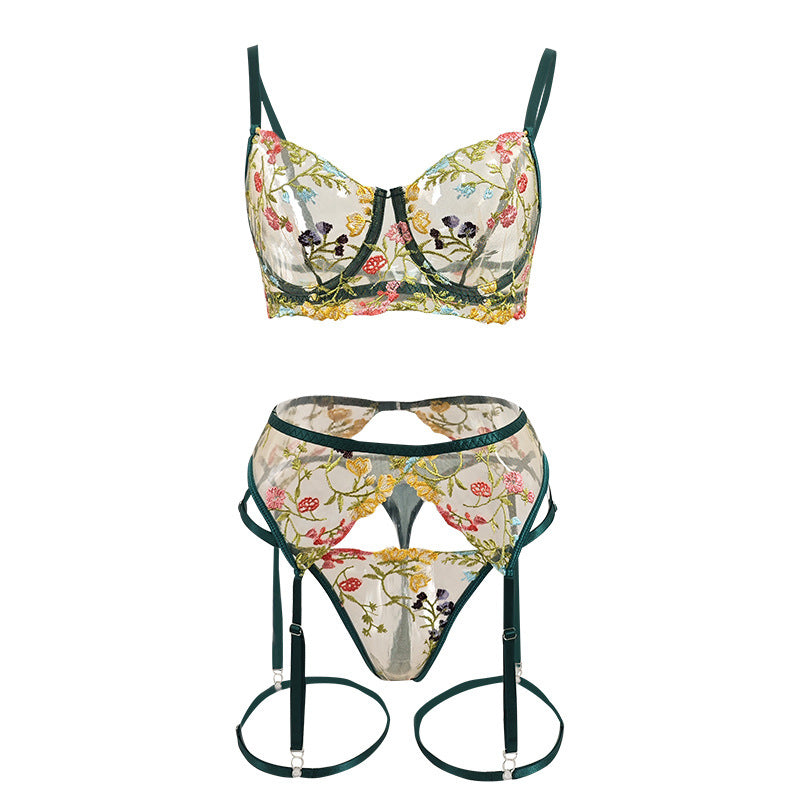 Idílico Conjunto de Lencería Erótica de 4 Piezas Sujetador con Aros Bordado Floral Tanga Sexy con Ligas