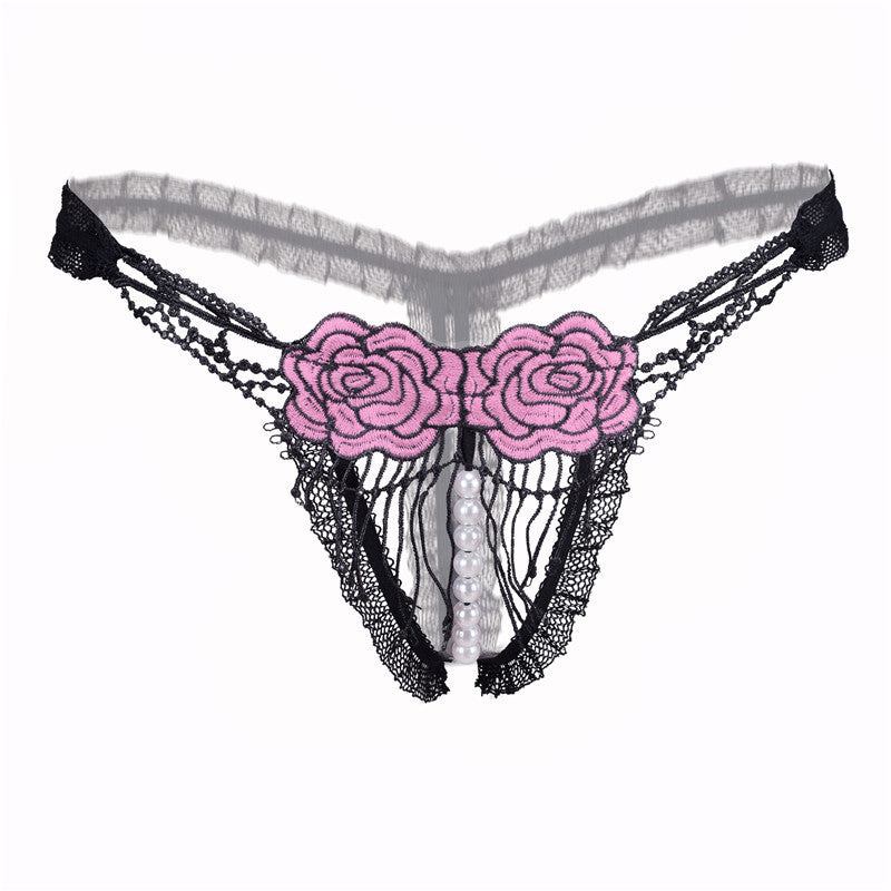 Sexy Open Crotch Mesh Flower Embroidery Thong