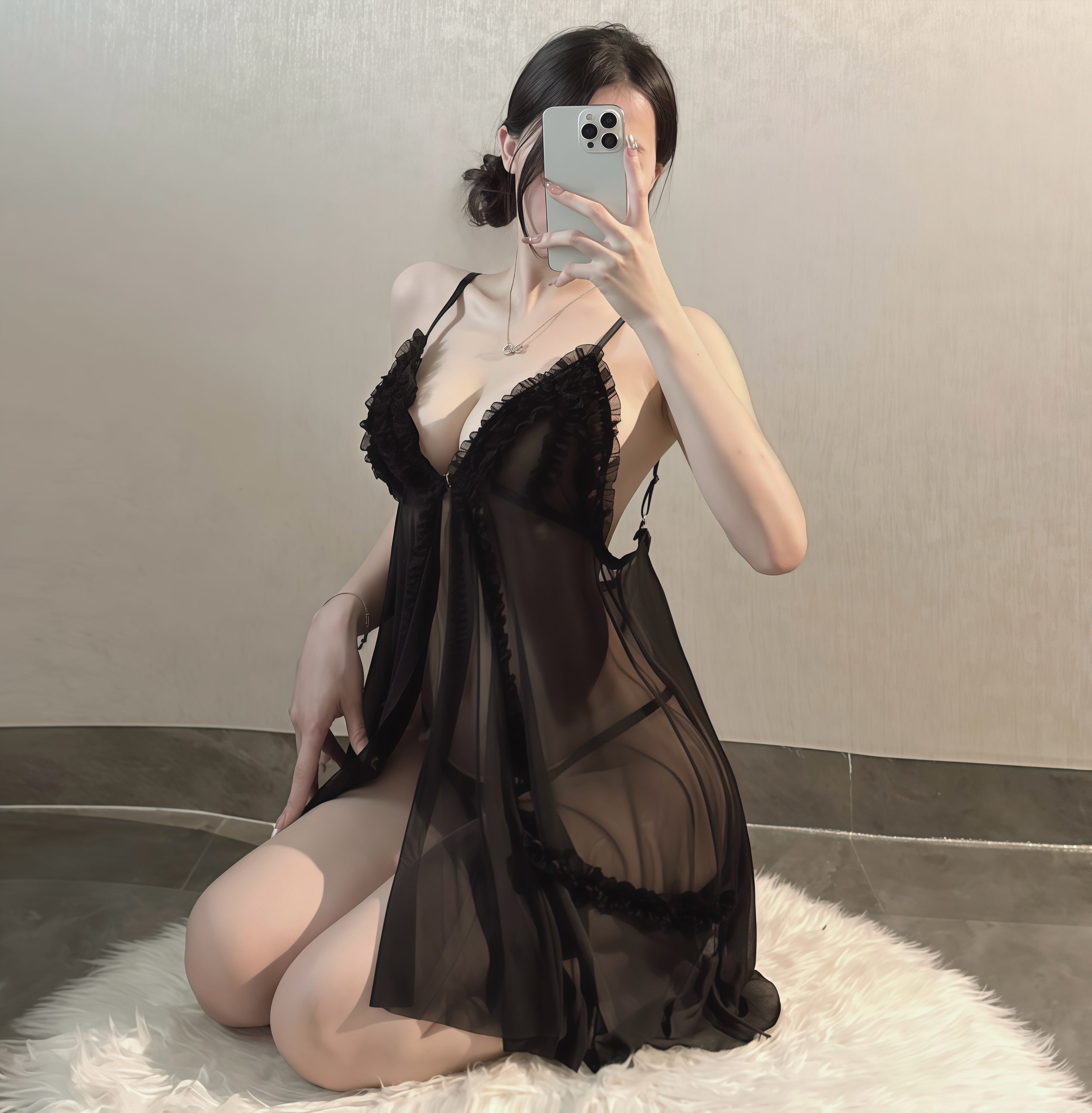 Camisón de talla grande de encaje sin espalda con malla transparente