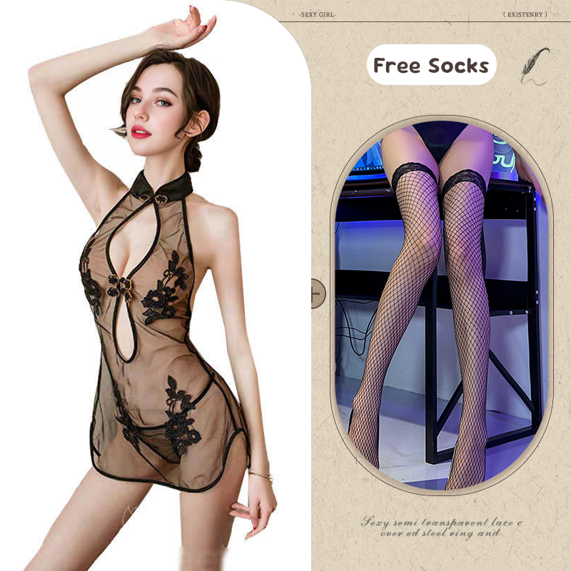 Lace Slit Mesh Classical Embroidered Cheongsam Suit