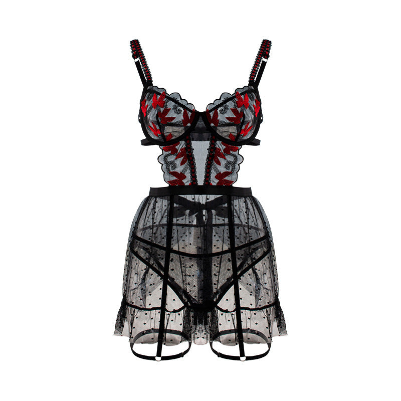 Conjunto de vestido de una pieza con tirantes, bragas triangulares eróticas y sexys, de malla transparente con bordado de mariposas.