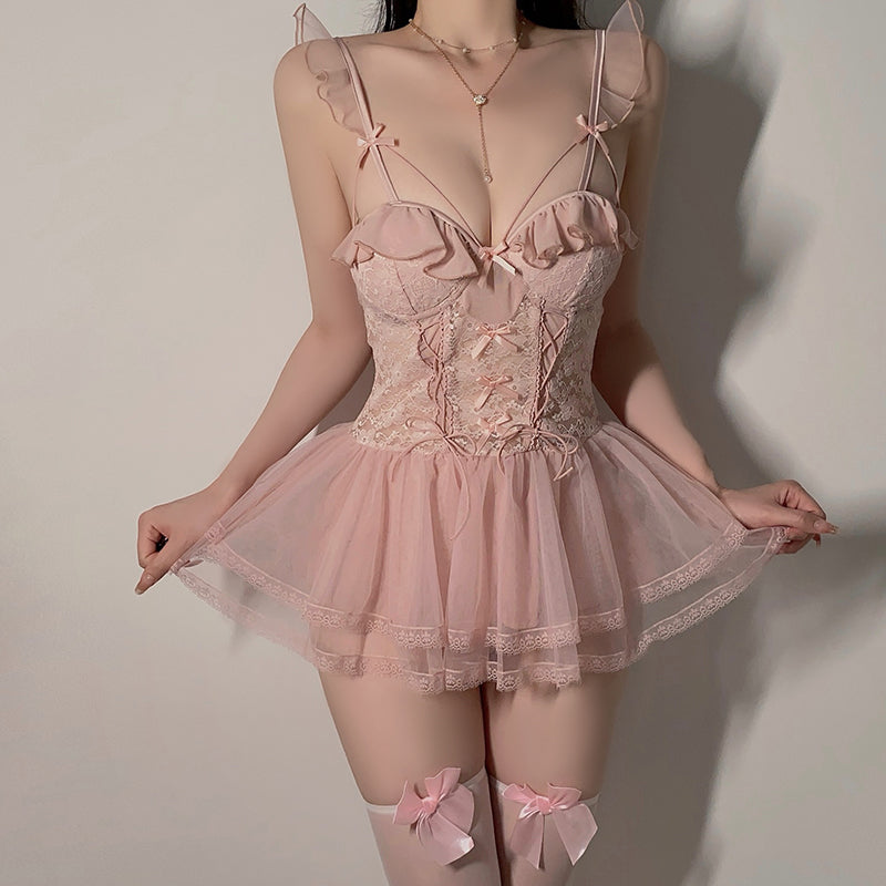 Lencería sexy de malla estilo dulce con cordones ajustados