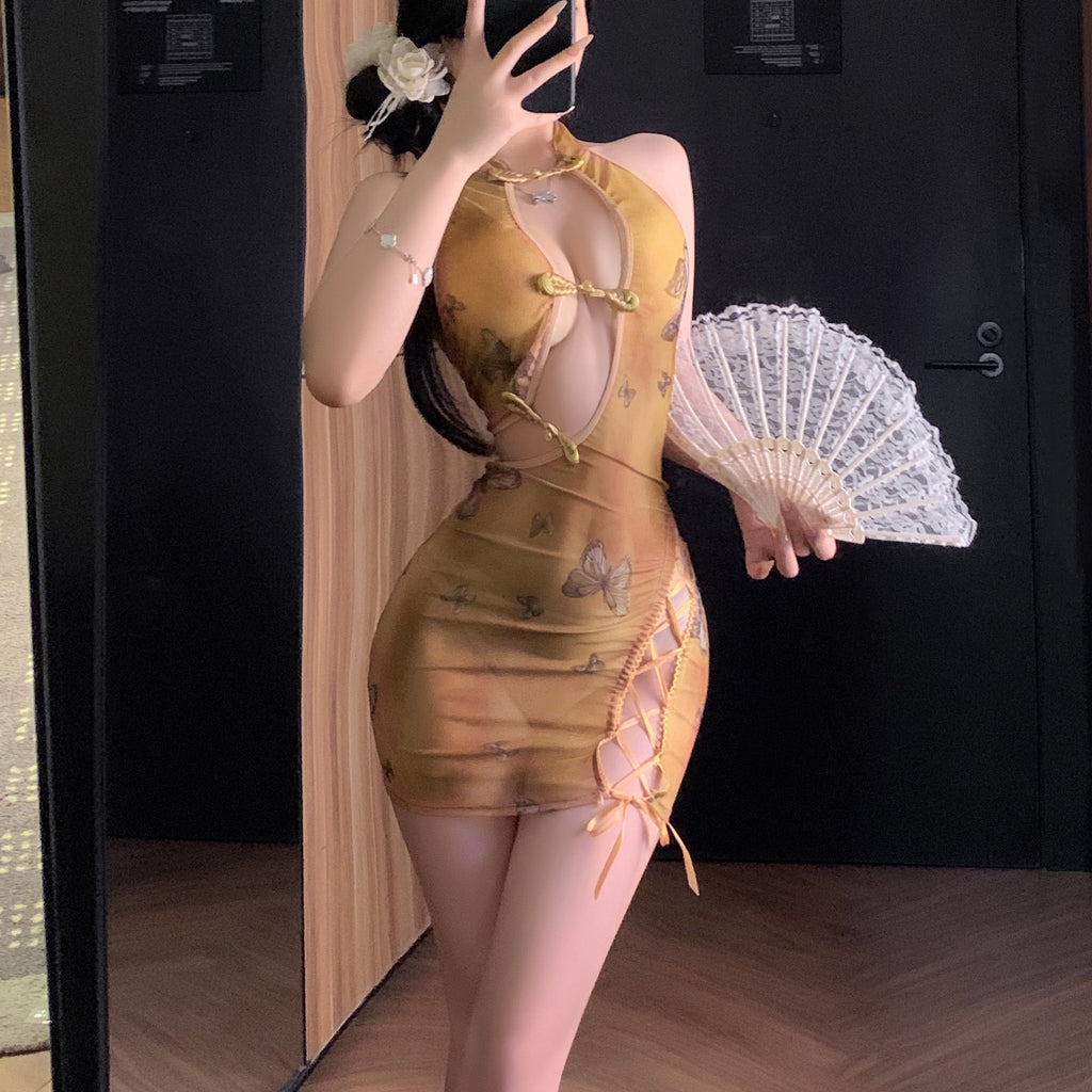 Yellow Butterfly Print Retro Cheongsam Nightdress