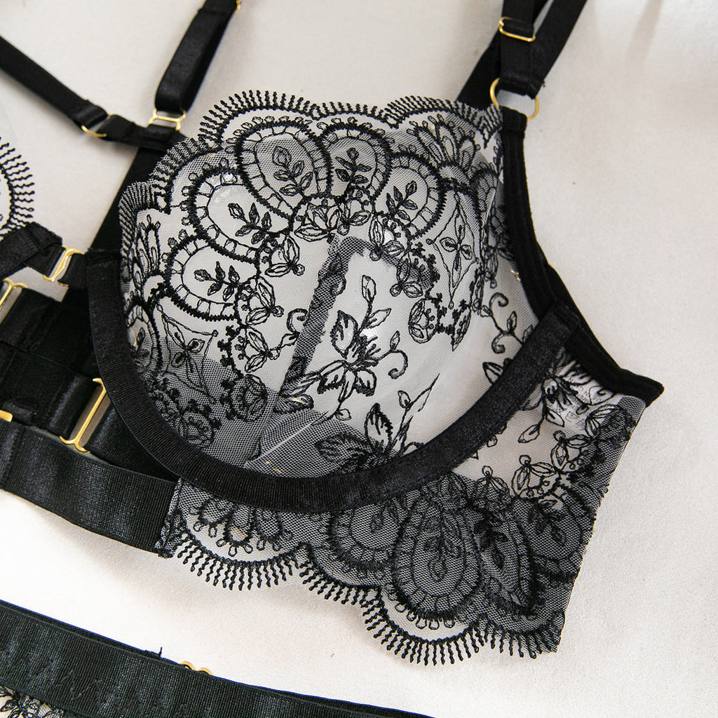 Conjunto de Lencería Sexy de 5 Piezas con Encaje Floral Negro y Liguero con Broches para Medias