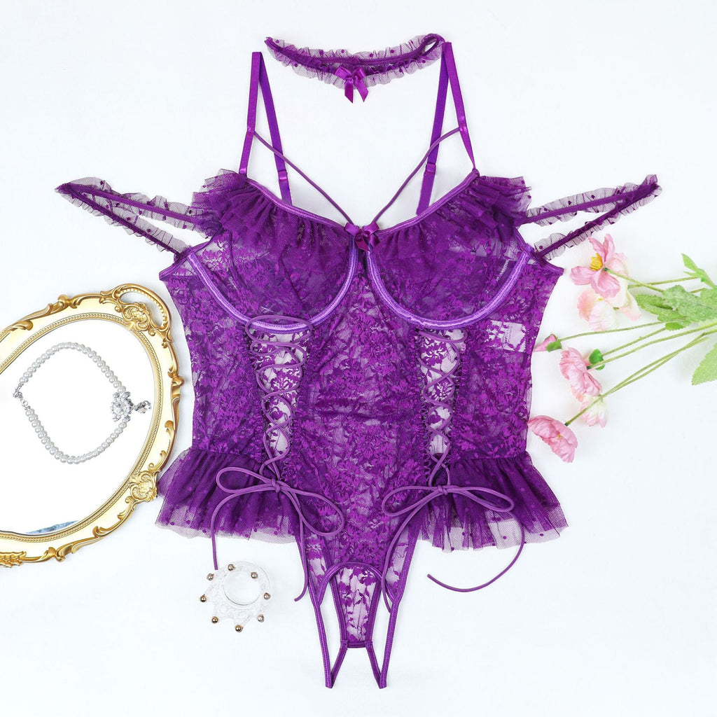 Conjunto de lencería de talla grande, sexy, de una pieza, tipo halter, de pijama, de encaje transparente, sexy