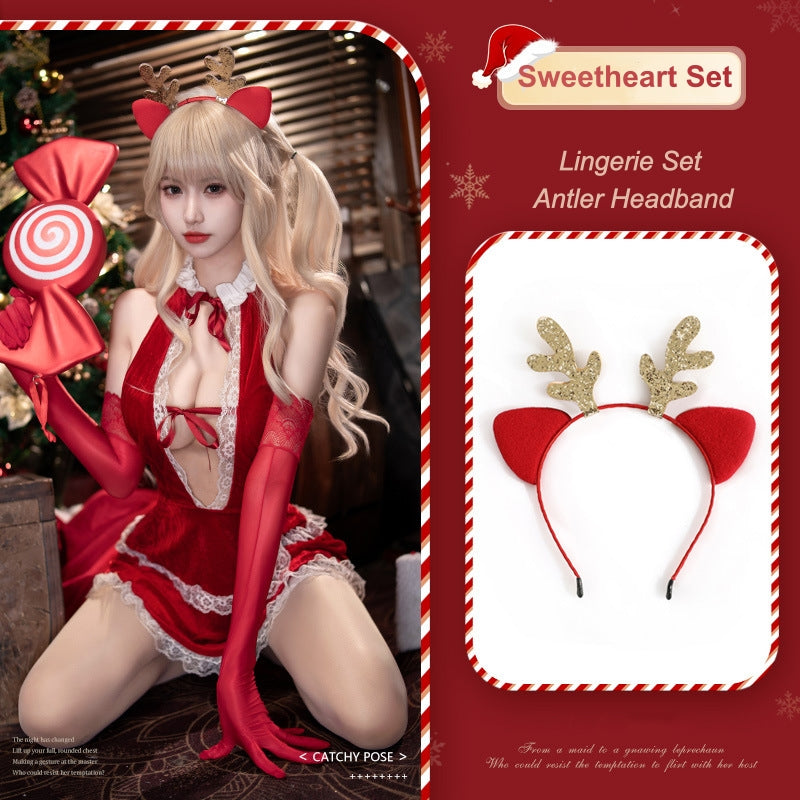 Conjunto de lencería de vestido con cuello halter y escote en V profundo "Christmas Sweetheart"