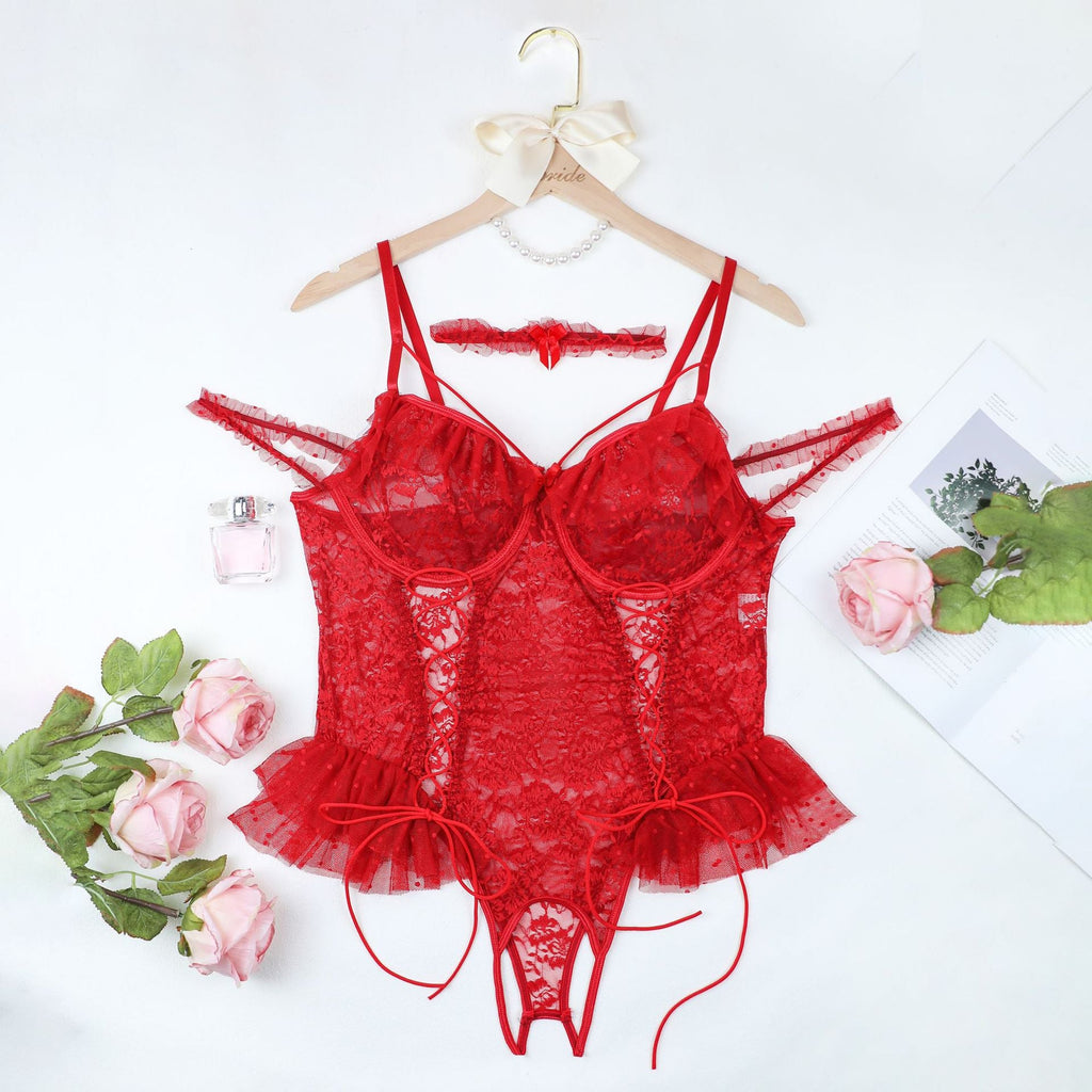 Conjunto de lencería de talla grande, sexy, de una pieza, tipo halter, de pijama, de encaje transparente, sexy