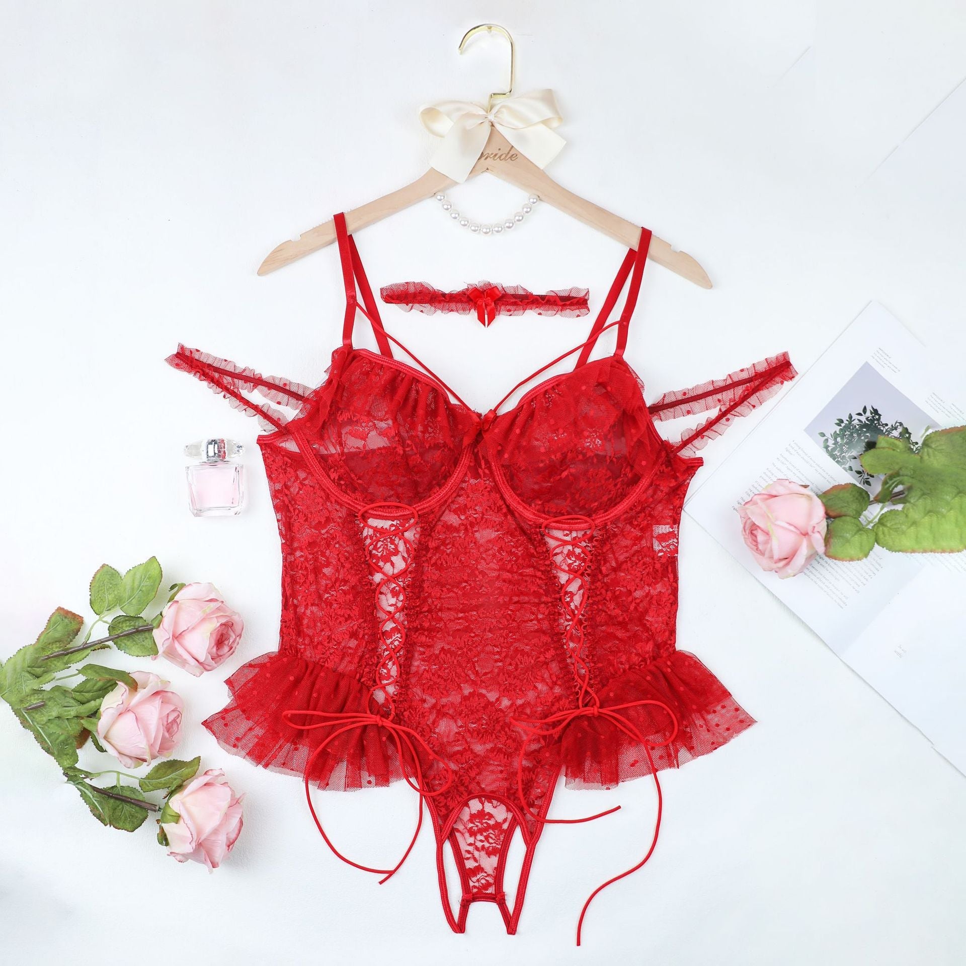 Conjunto de lencería de talla grande, sexy, de una pieza, tipo halter, de pijama, de encaje transparente, sexy