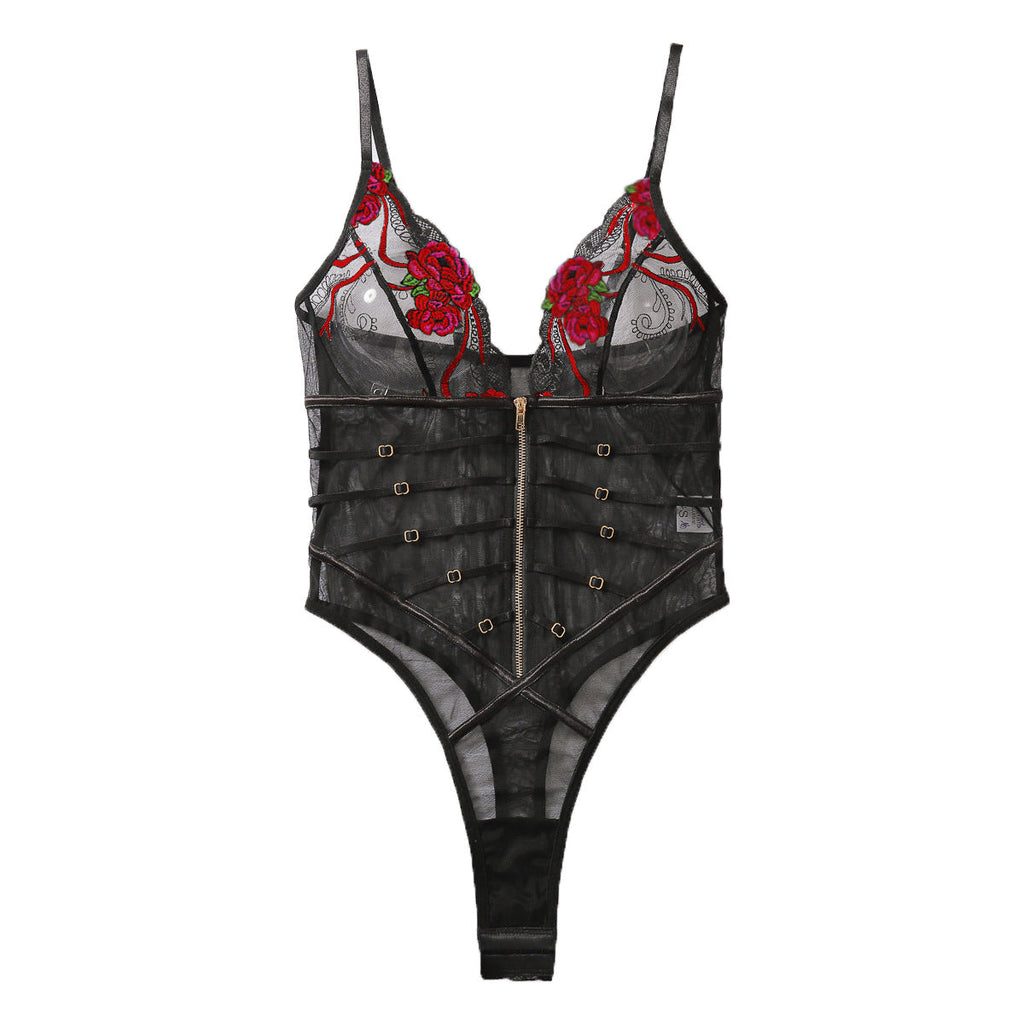 Sexy Lace Mesh Transparent V-neck Hollow-out Erotic Sling Bodysuit