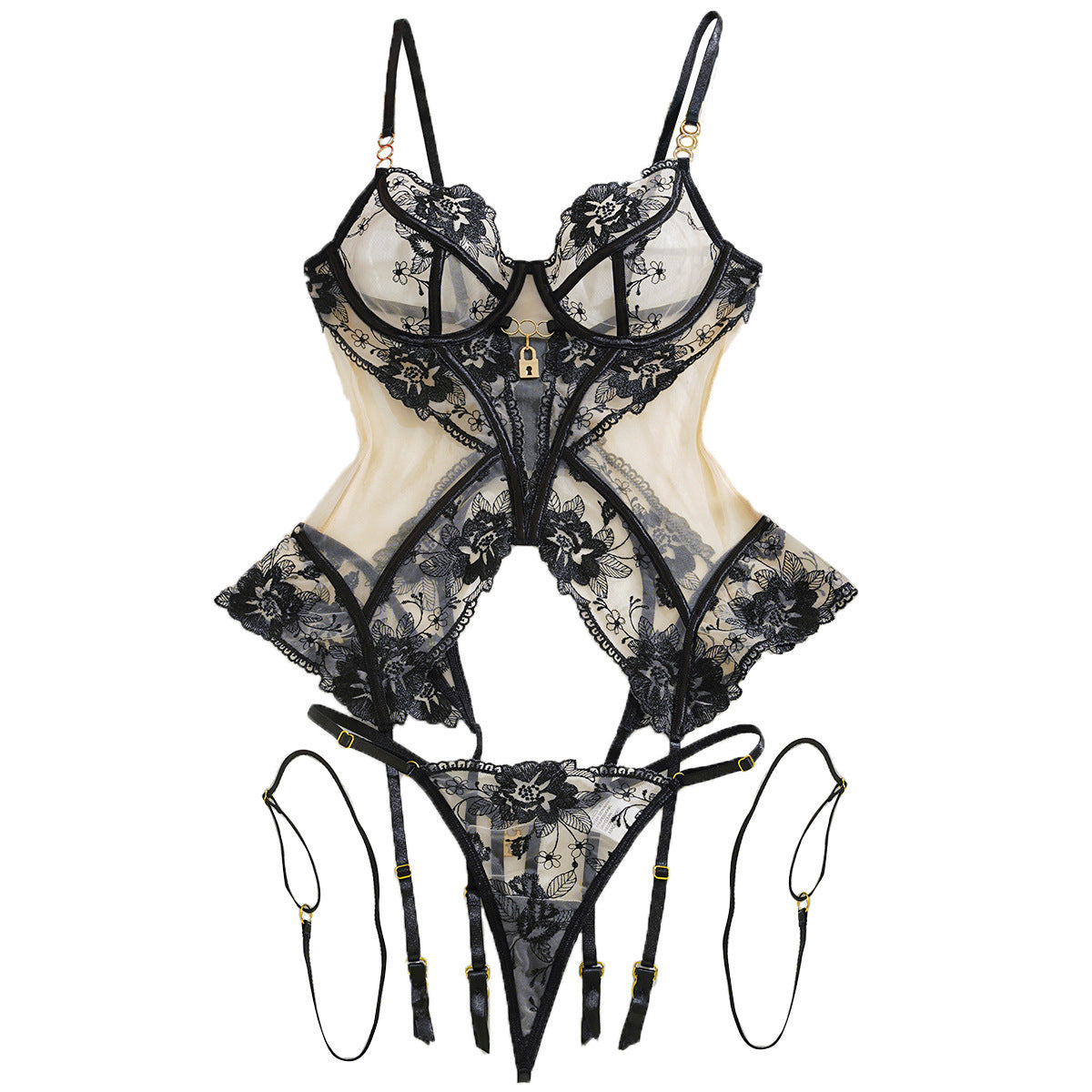 Conjunto de lencería sexy con cuerpo moldeador de malla, candado bordado transparente
