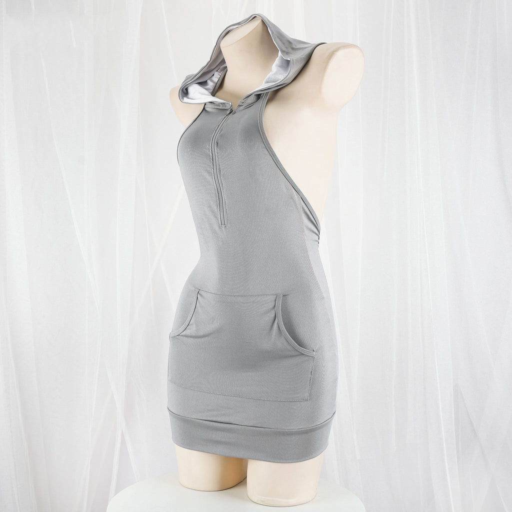 Vestido con capucha sin espalda sexy Kawaii camisón con cremallera