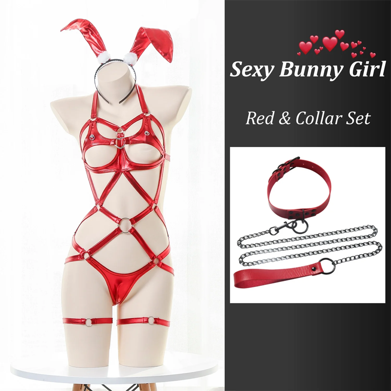 【Diadema de orejas de conejo gratis】Lencería sexy de cuero de tres piezas de SM Bunny Girl