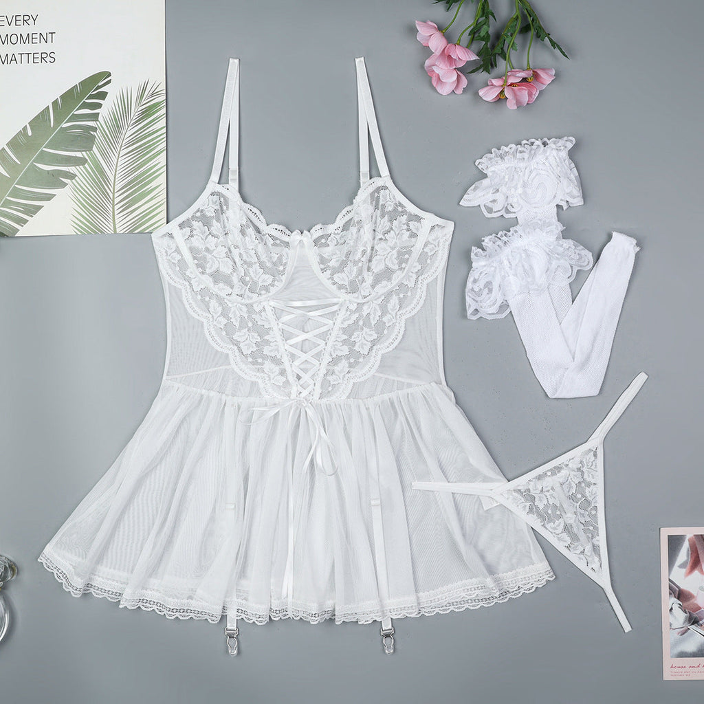 Traje de vestido transparente de malla con tirantes cruzados sexys de encaje