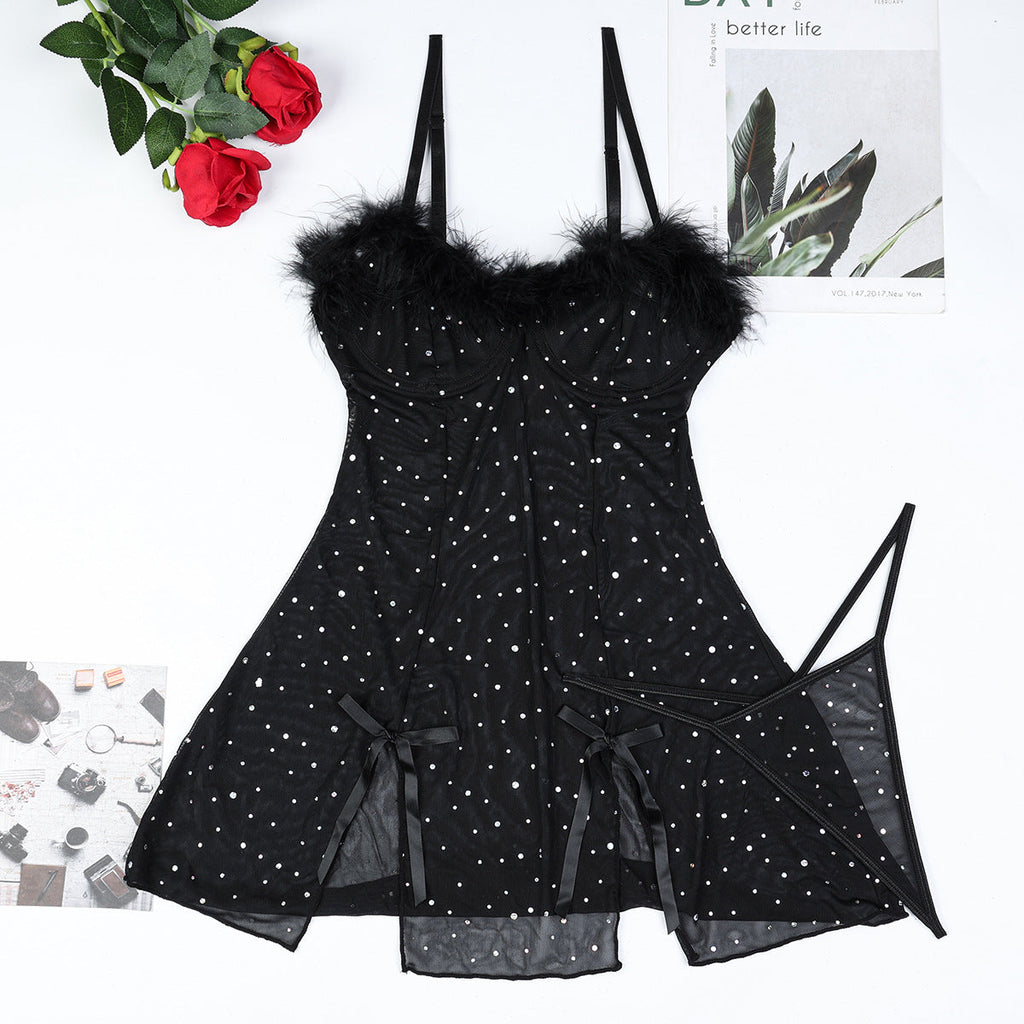 Crystal Feather Stitching See-through Stretch Split Dress