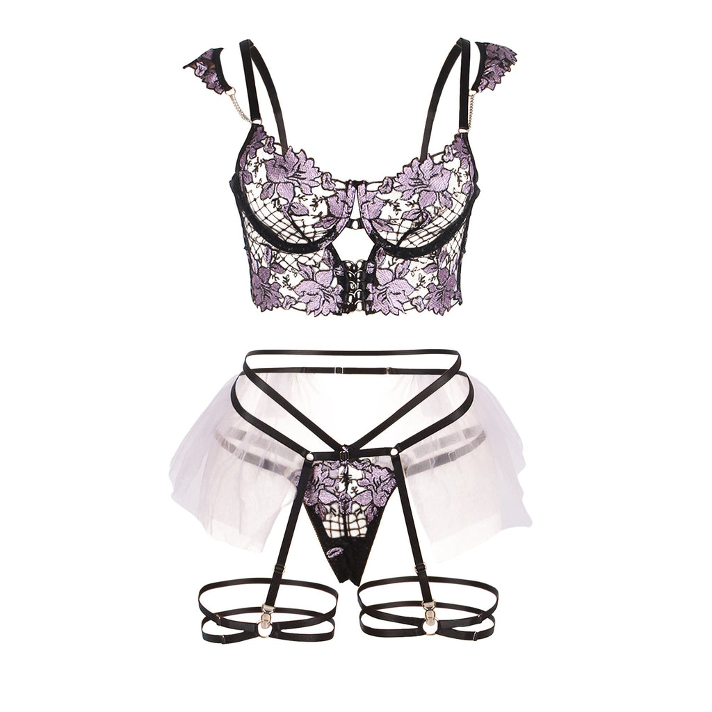 Conjunto de sujetador sexy de encaje bordado para mujer, con aros, fruncido, ropa interior sexy