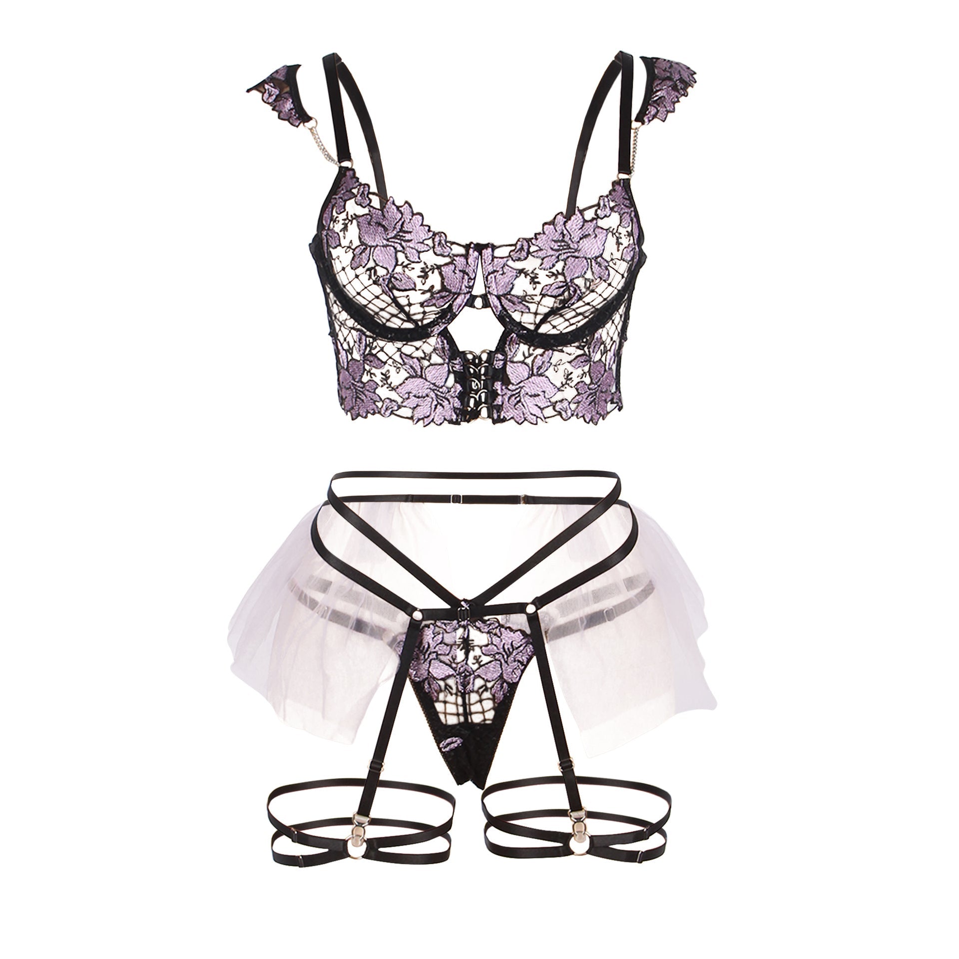 Conjunto de sujetador sexy de encaje bordado para mujer, con aros, fruncido, ropa interior sexy