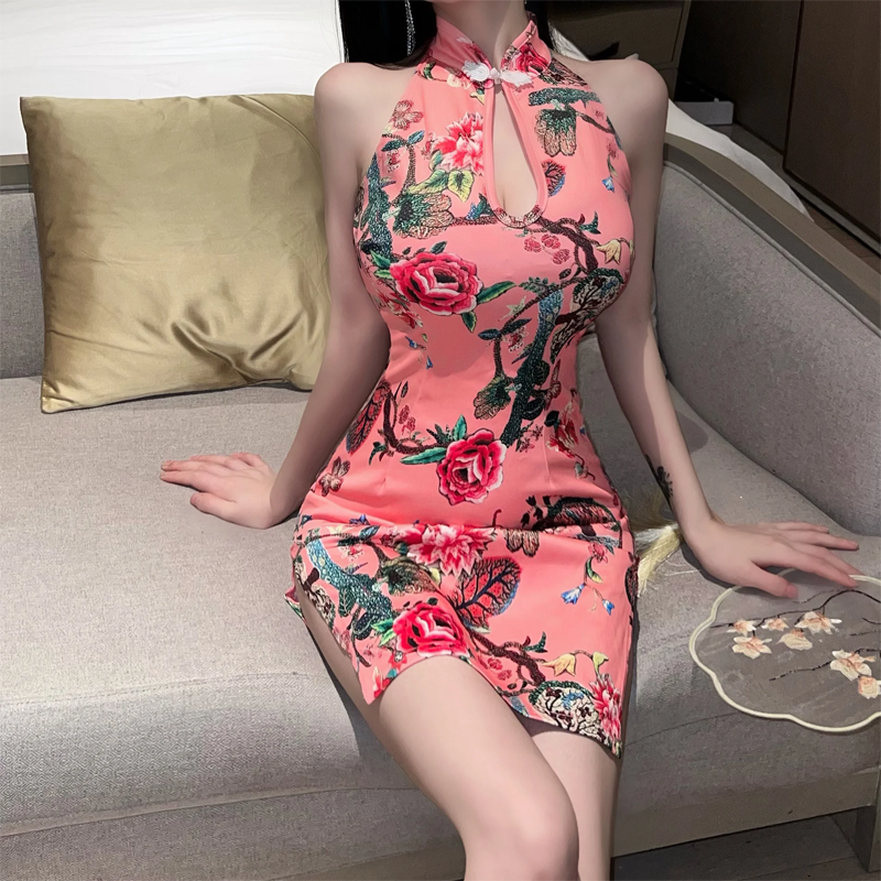 Qipao sin mangas con aberturas y estampado vintage