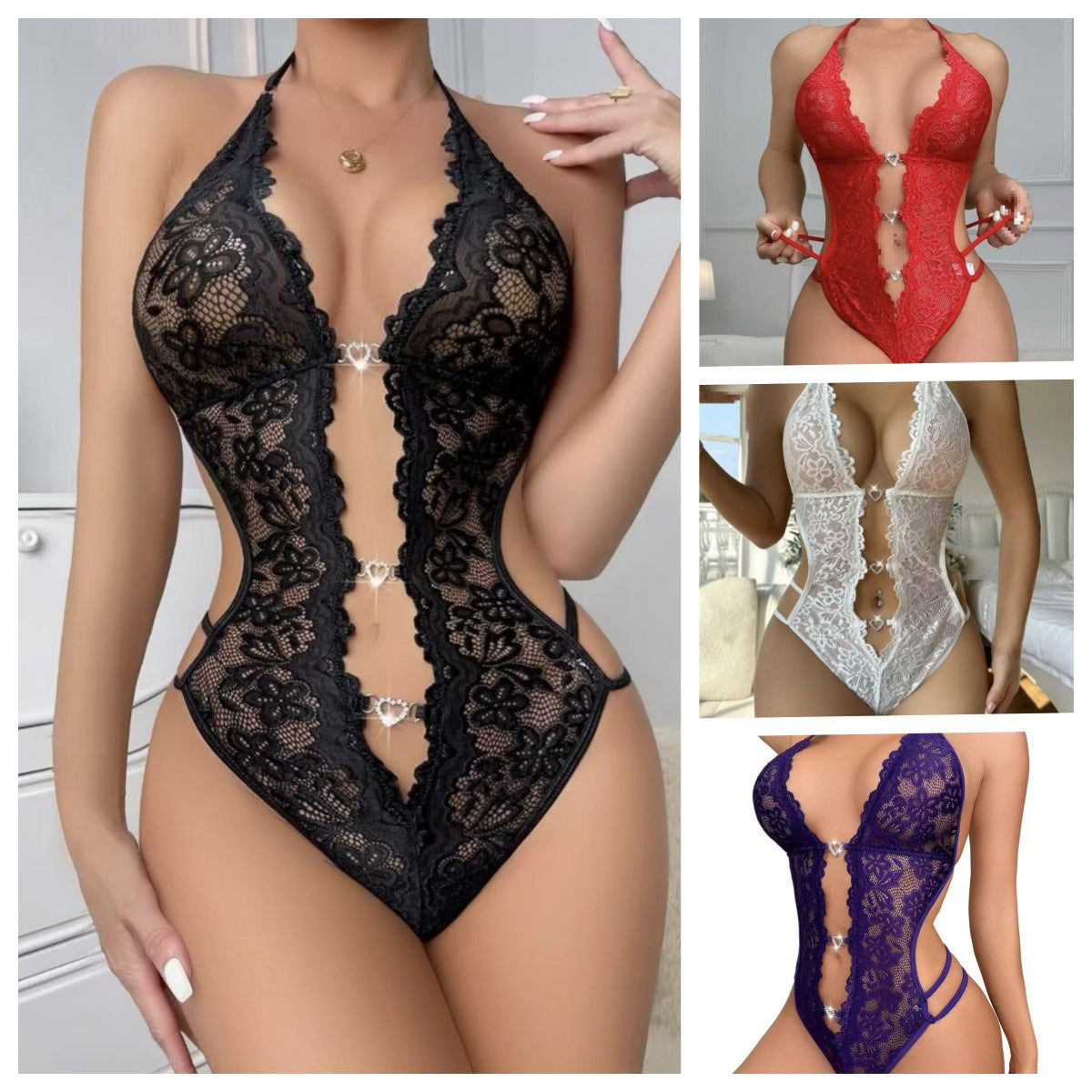 Vestido ajustado de encaje y pedrería con cuello halter