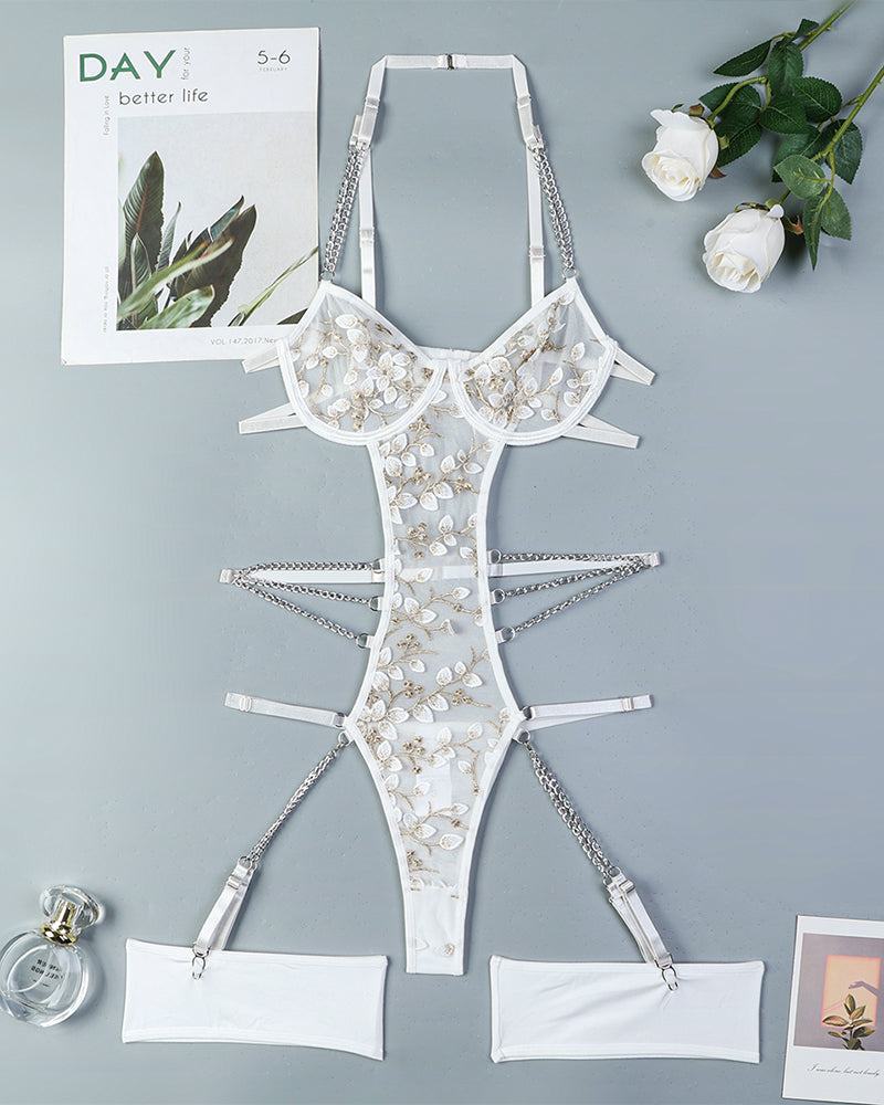 Lace Embroidered Chain Bodysuits