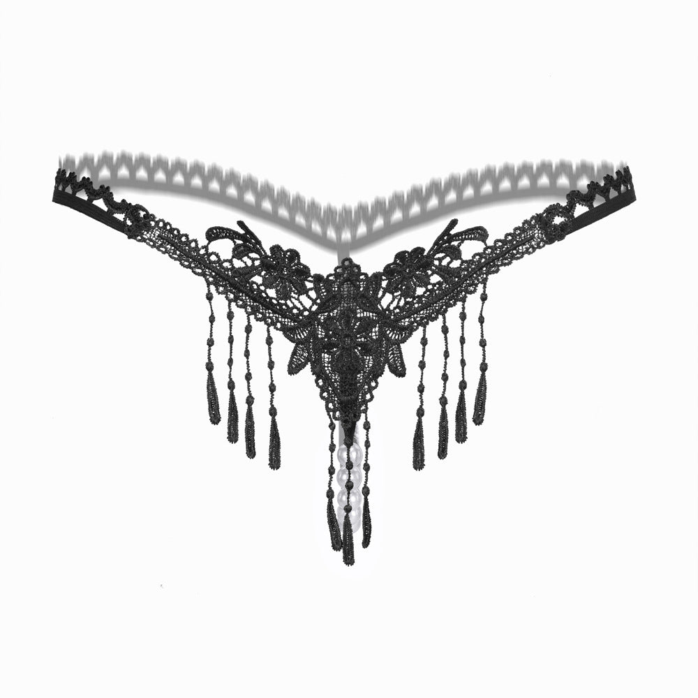 Sexy Embroidered Tassel Pearl Open Crotch Thong