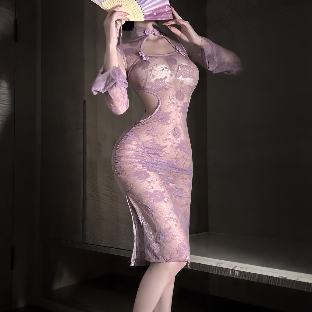 Traje de cheongsam morado transparente con encaje estilo chino