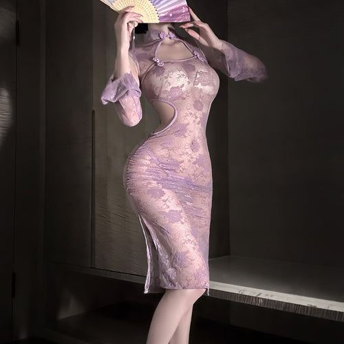 Traje de cheongsam morado transparente con encaje estilo chino