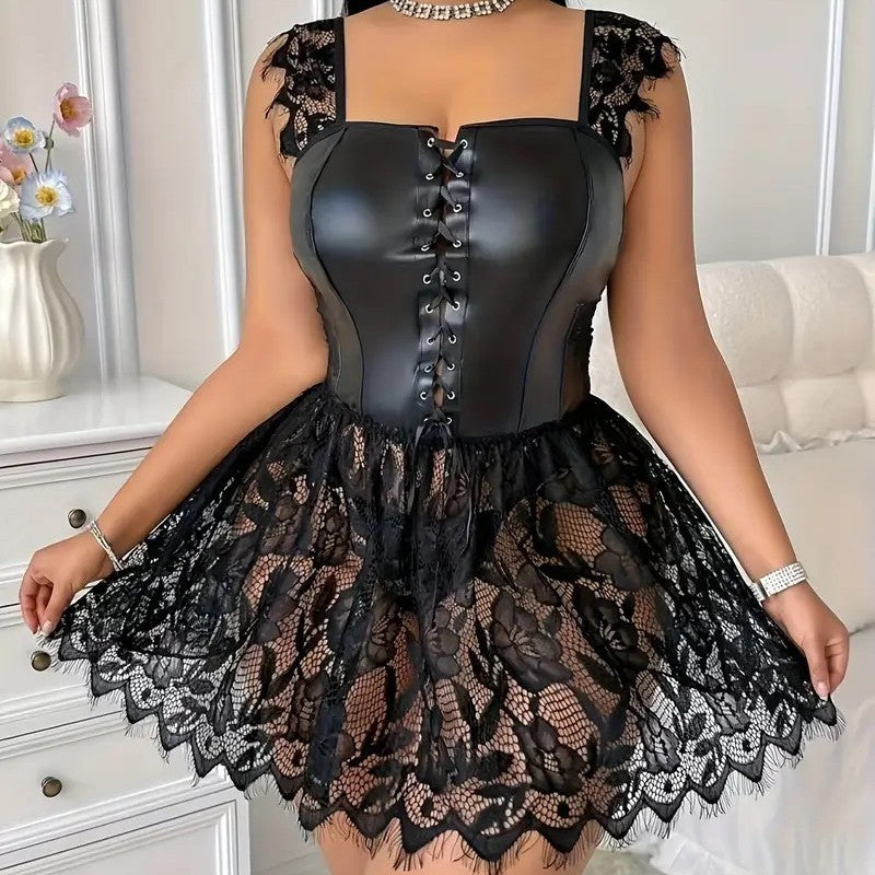 Gothic Lace Mini Dress with Square Neck Leather Lace Up Corset Dress