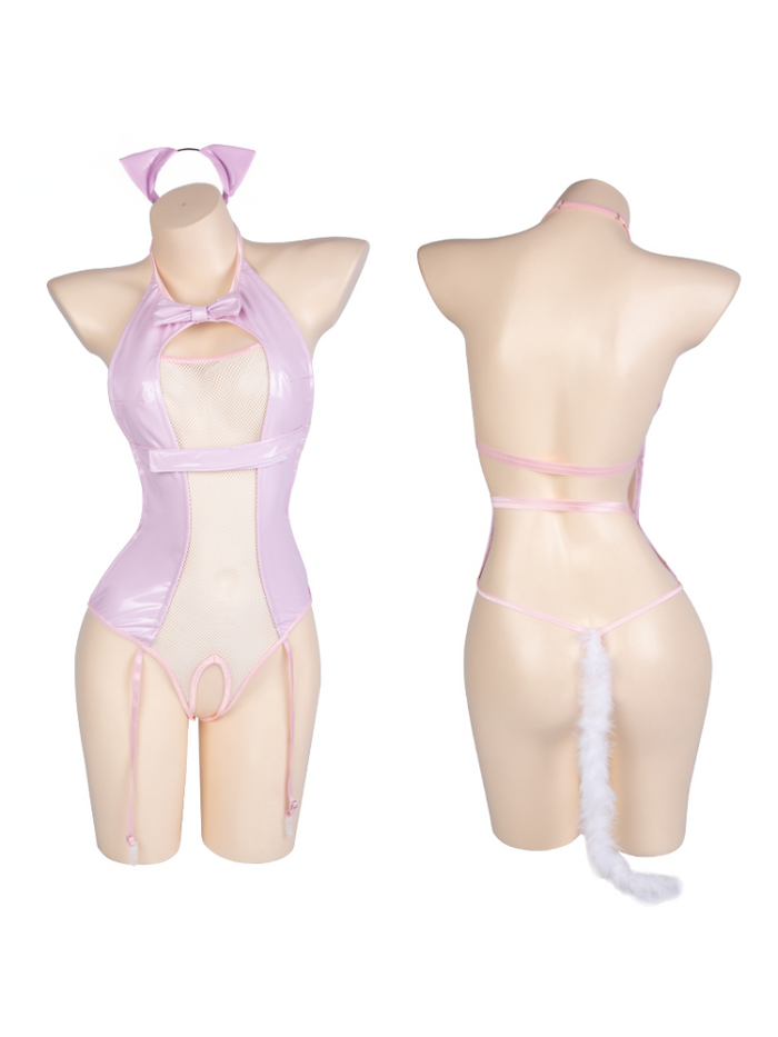 Catgirl Pink Bow Leather Bodysuit Set