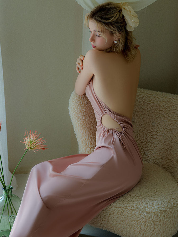 Long Ice Silk Backless Halter Camisole Nightgown