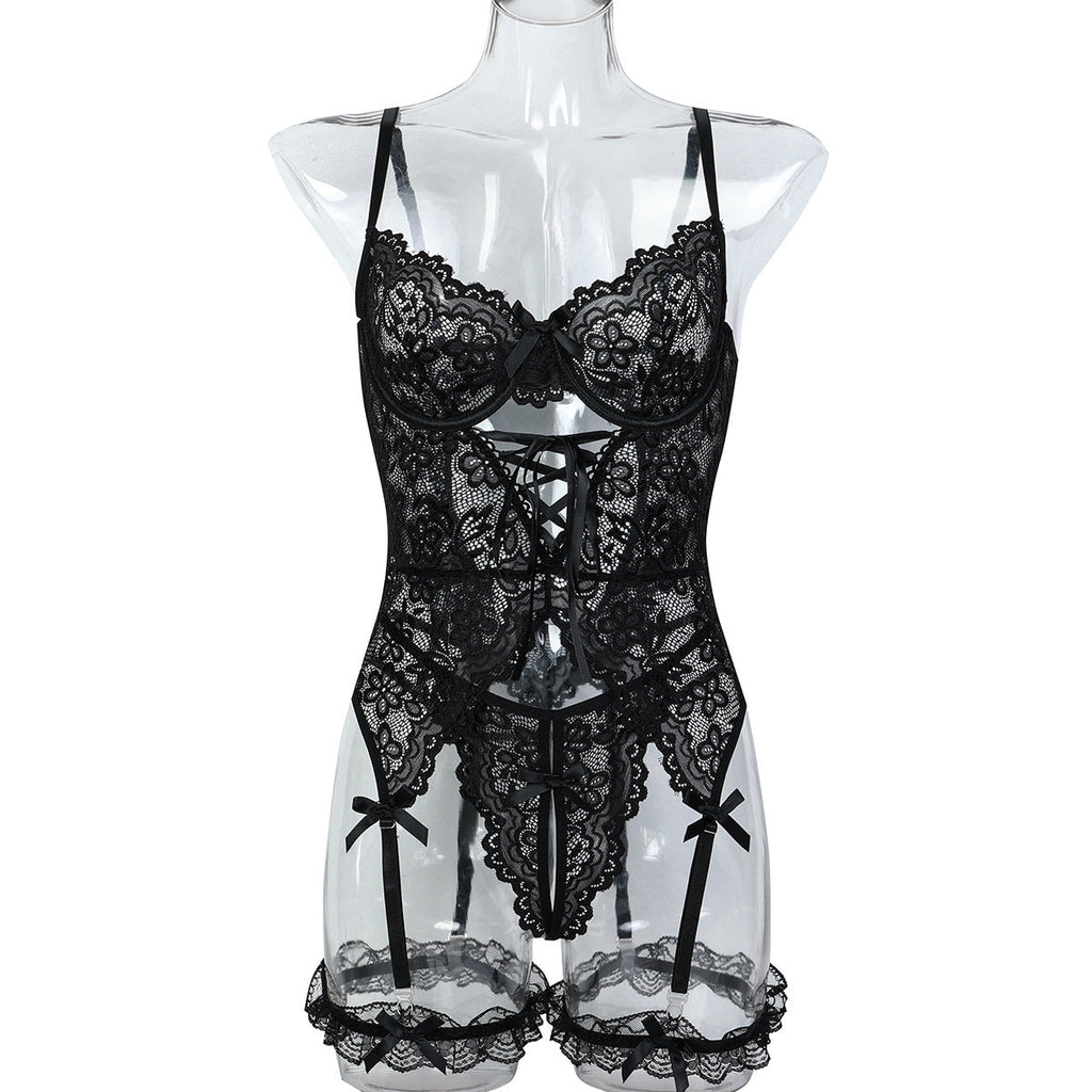Lace Cross Strap White Suspender Sexy Underwear Suit