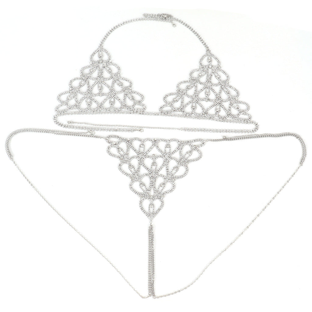 Water diamond Diamond studded Heart shaped Decorations Nightclub sexy Body Chain Bra Set
